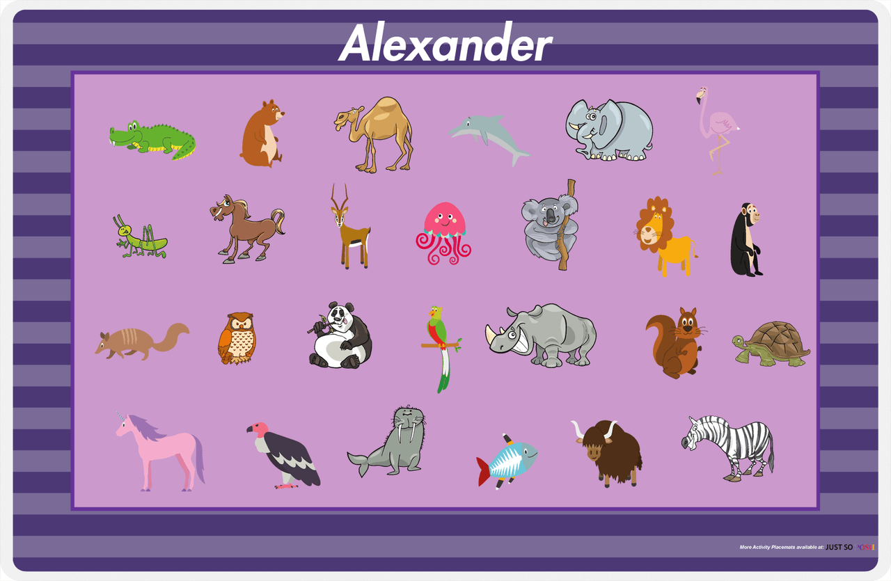 Personalized Activity Placemat - Learning Animals III - Purple Background -  View