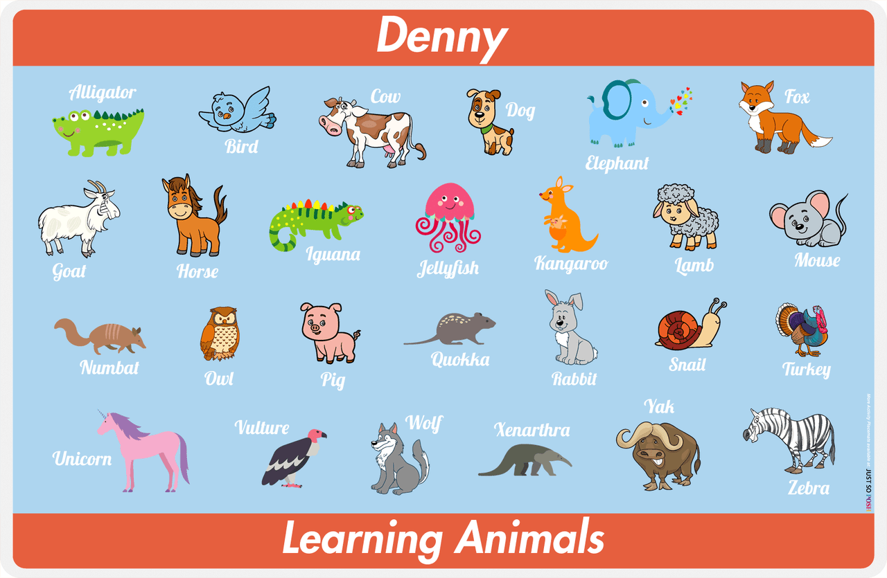 Personalized Activity Placemat - Learning Animals IV - Blue Background -  View