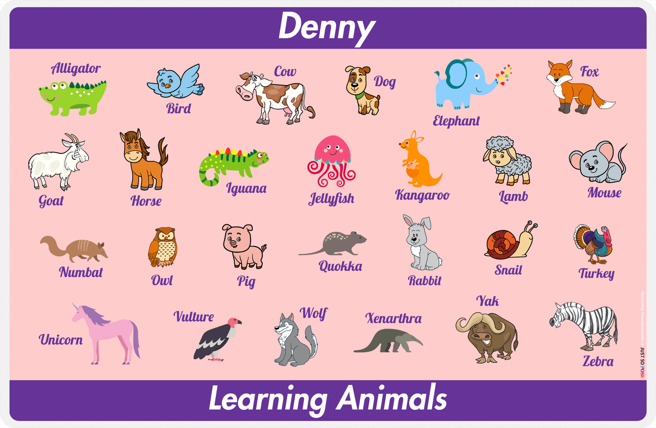 Personalized Activity Placemat - Learning Animals IV - Pink Background -  View