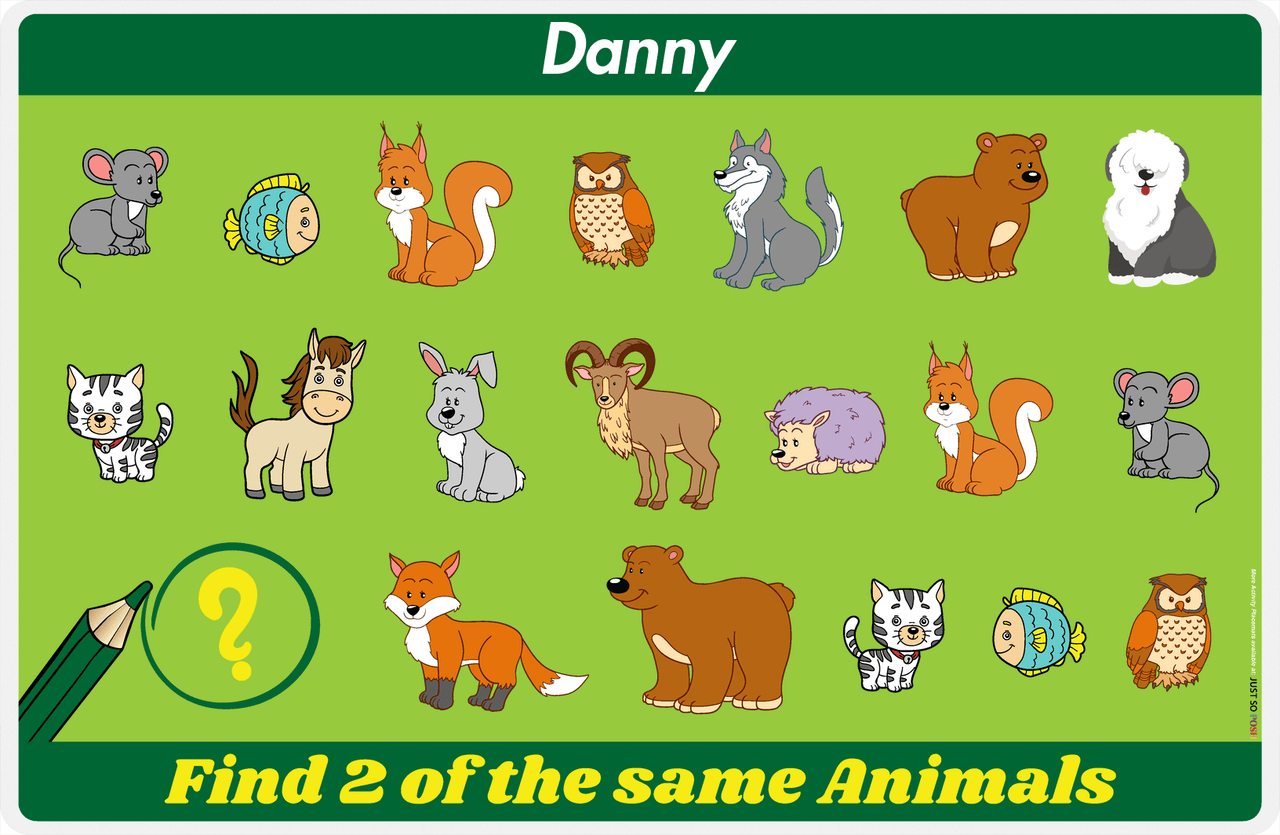 Personalized Activity Placemat - Matching Animals III - Green Background -  View