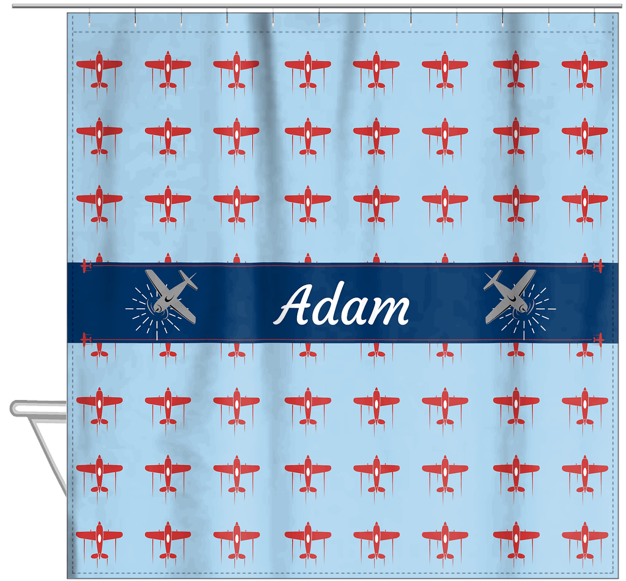 Personalized Airplane Shower Curtain I - Blue Background - Airplane I - Hanging View