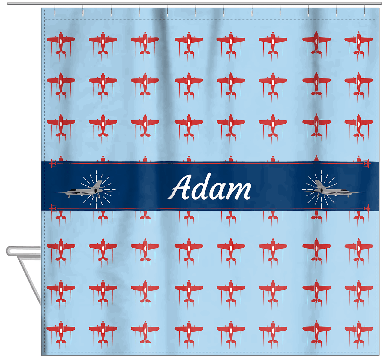 Personalized Airplane Shower Curtain I - Blue Background - Airplane III - Hanging View