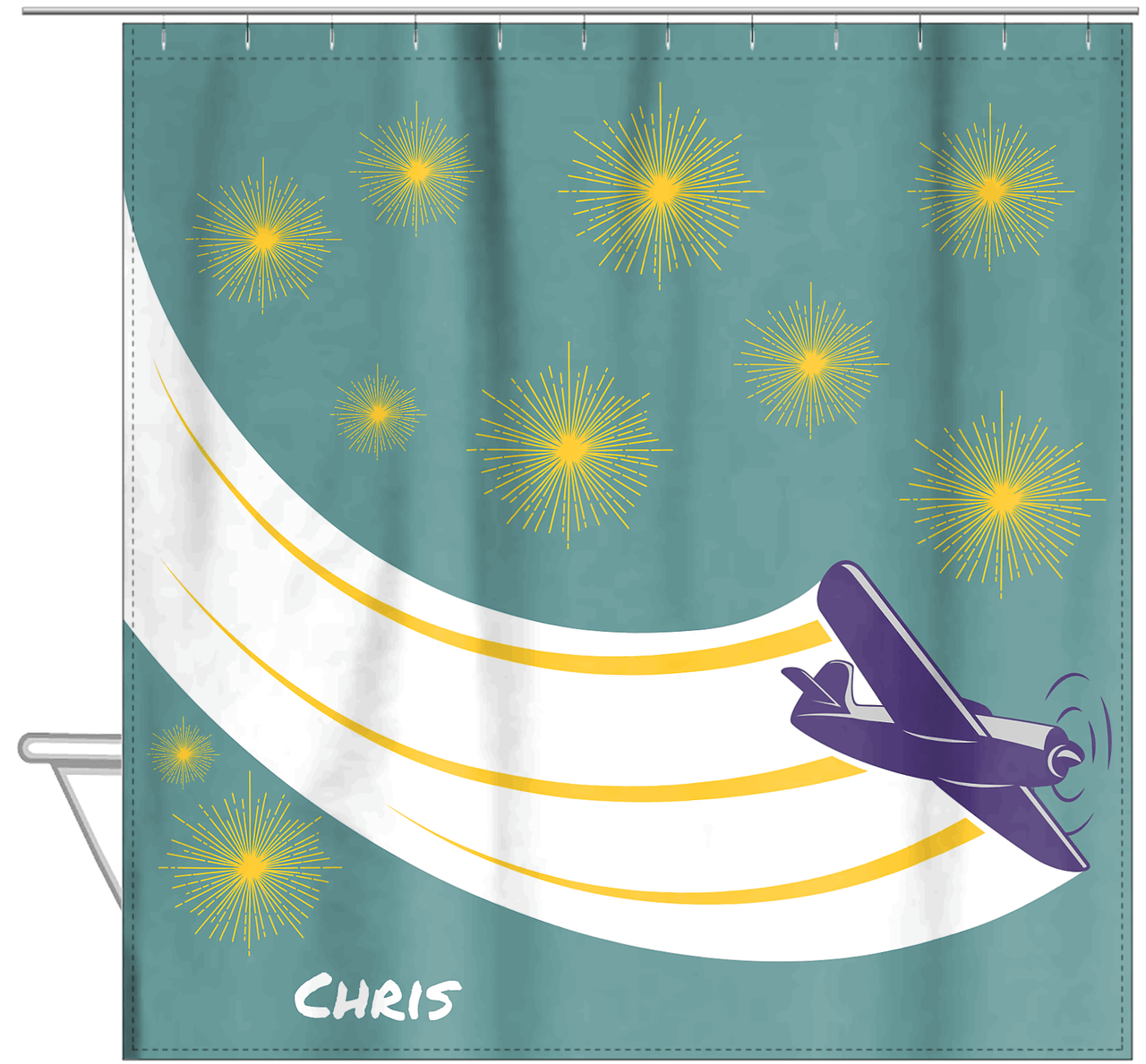 Personalized Airplane Shower Curtain III - Teal Background - Airplane I - Hanging View