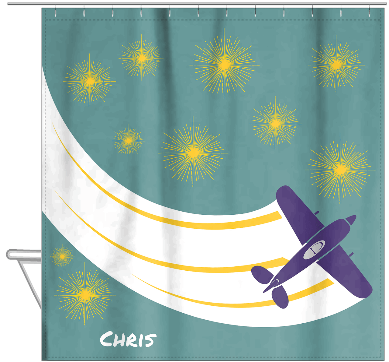 Personalized Airplane Shower Curtain III - Teal Background - Airplane II - Hanging View