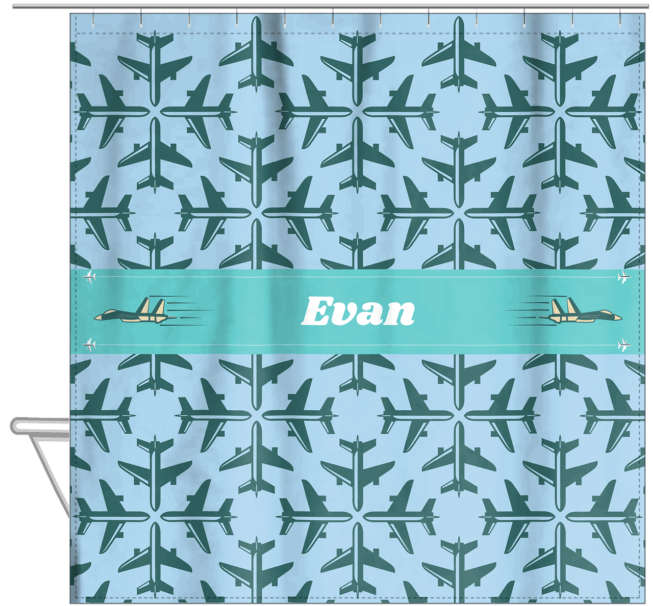 Personalized Airplane Shower Curtain V - Blue Background - Airplane I - Hanging View