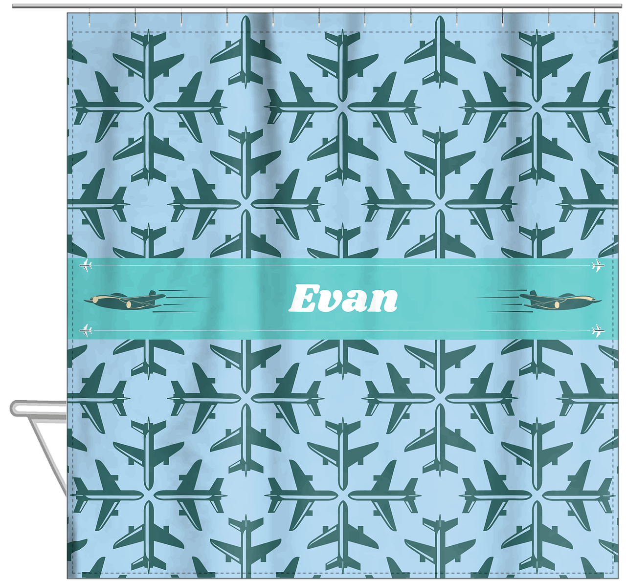 Personalized Airplane Shower Curtain V - Blue Background - Airplane II - Hanging View