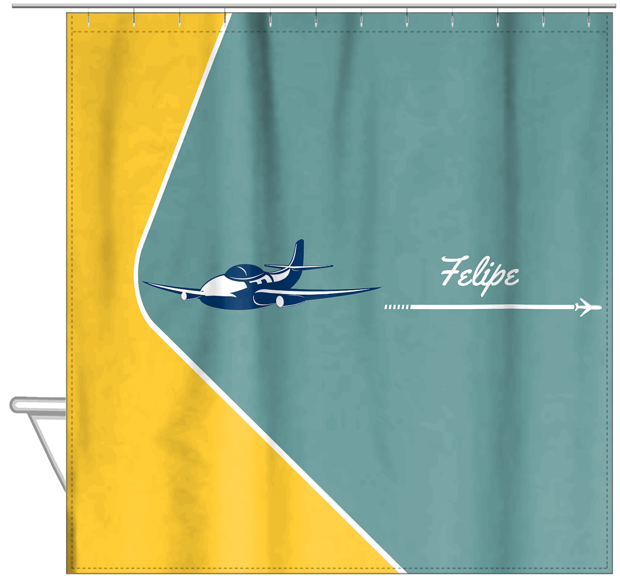Personalized Airplane Shower Curtain VI - Teal Background - Airplane I - Hanging View