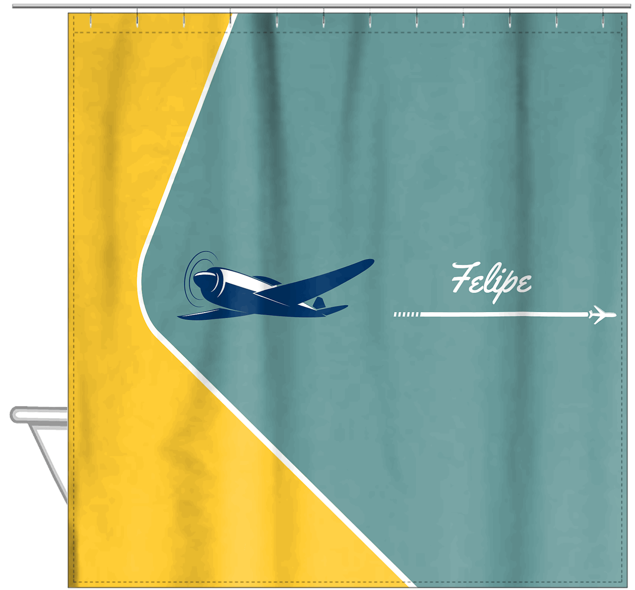 Personalized Airplane Shower Curtain VI - Teal Background - Airplane II - Hanging View