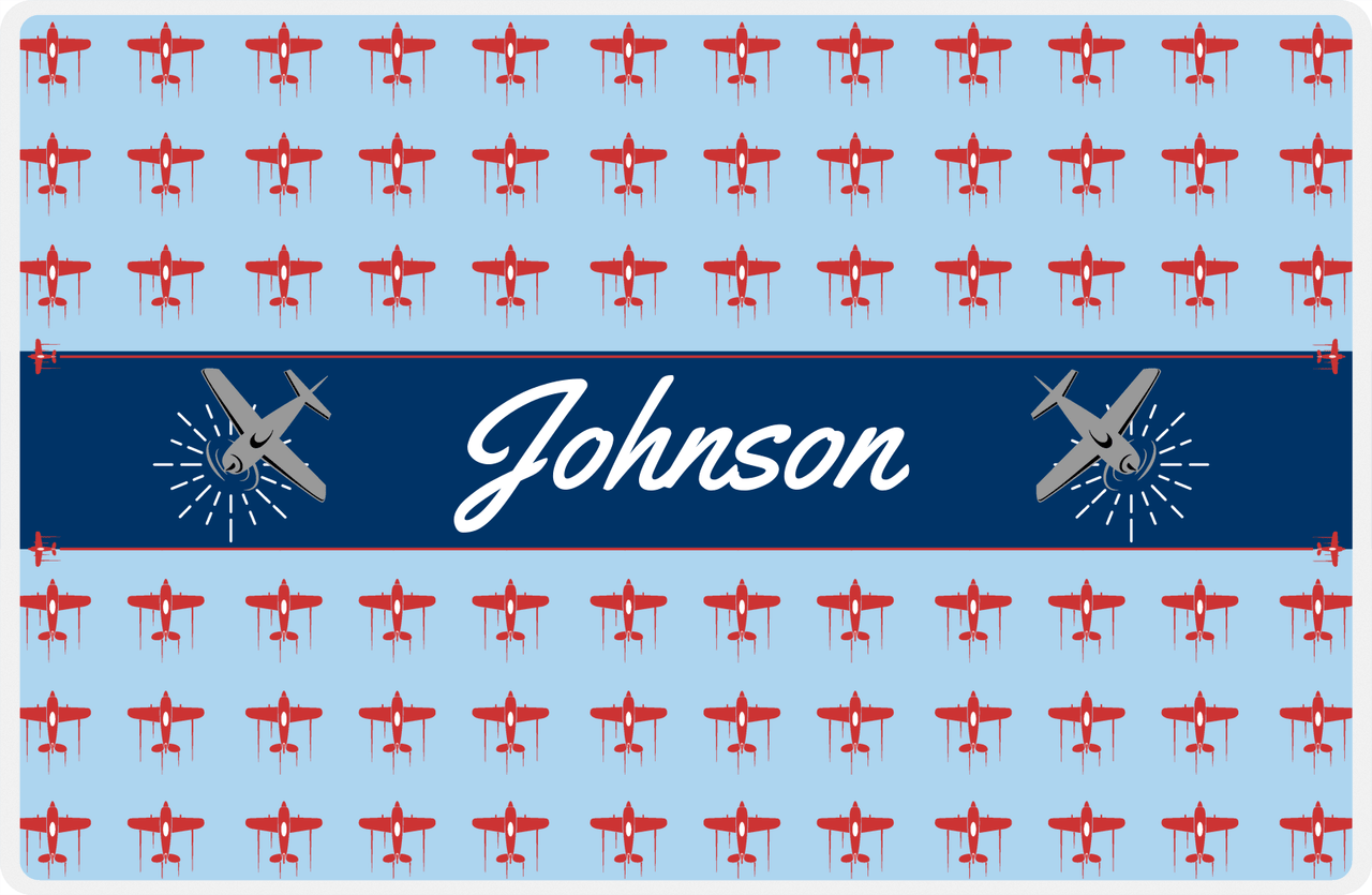 Personalized Airplane Placemat - Retro I - Plane 1 - Blue Background with Grey Airplanes -  View