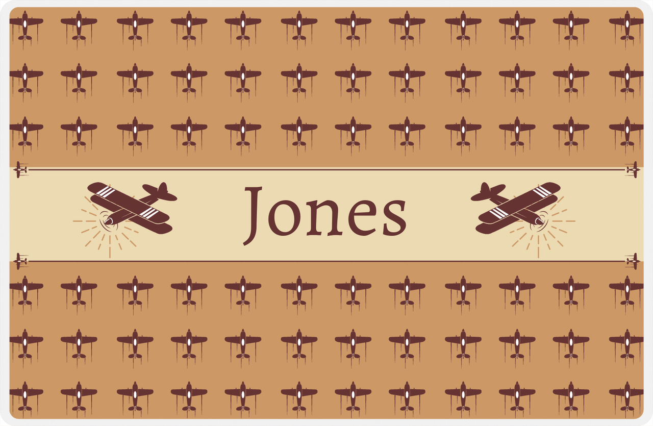 Personalized Airplane Placemat - Retro I - Plane 2 - Light Brown Background with Brown Airplanes -  View