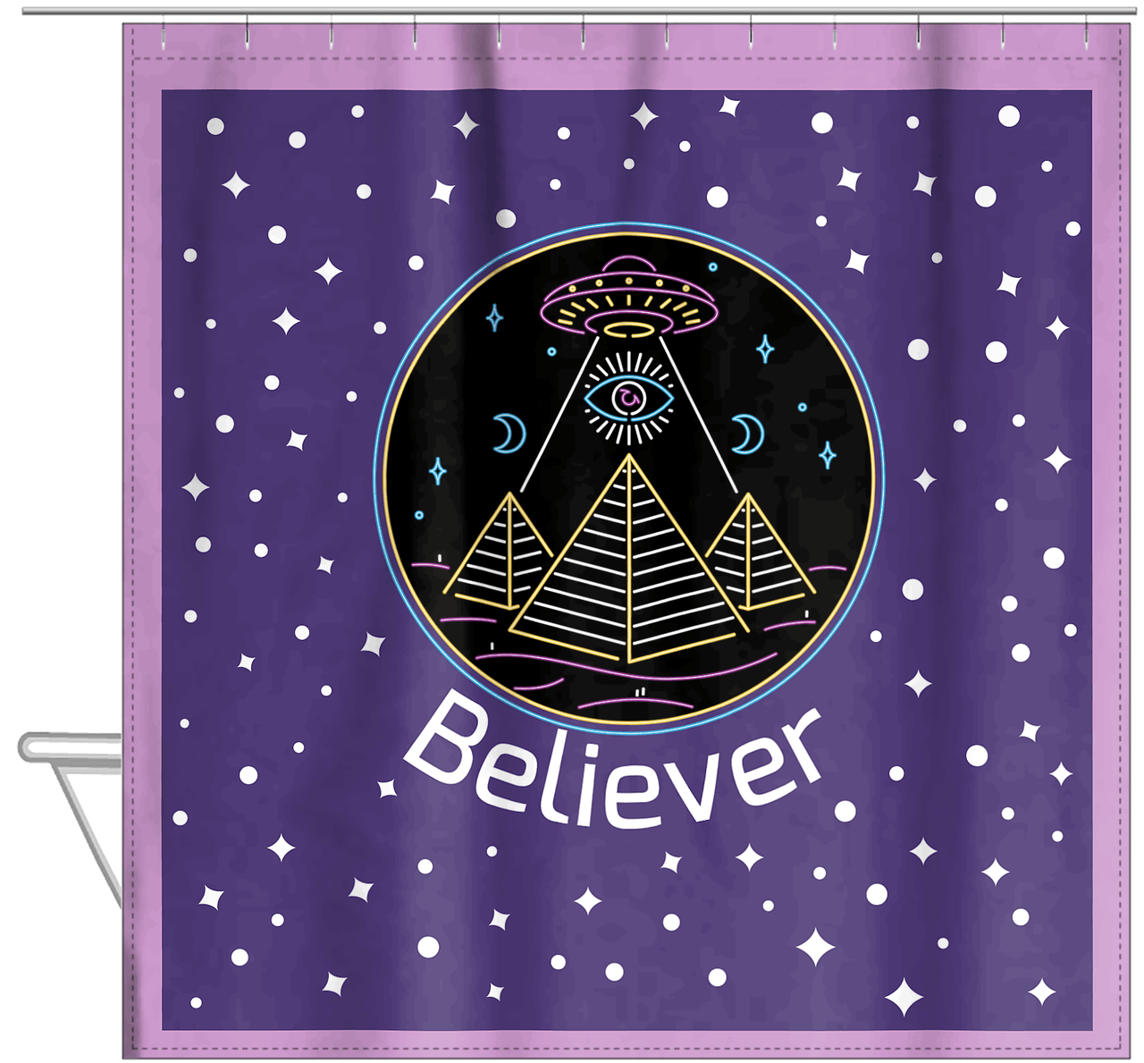 Personalized Aliens / UFO Shower Curtain - Seeing Eye - Hanging View