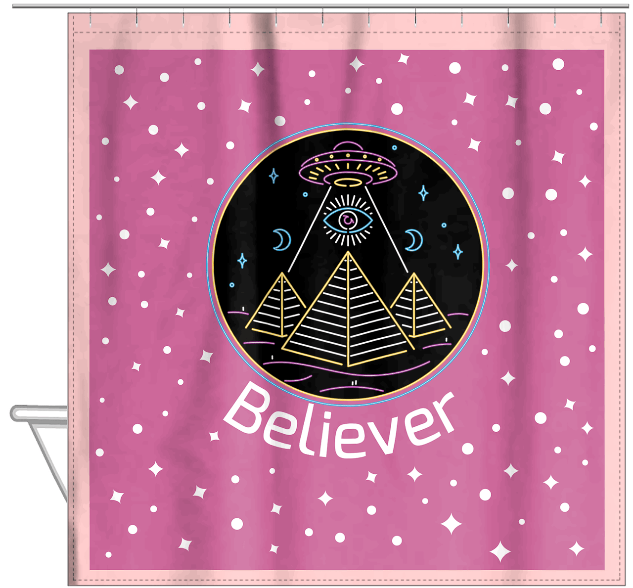 Personalized Aliens / UFO Shower Curtain - Seeing Eye - Hanging View