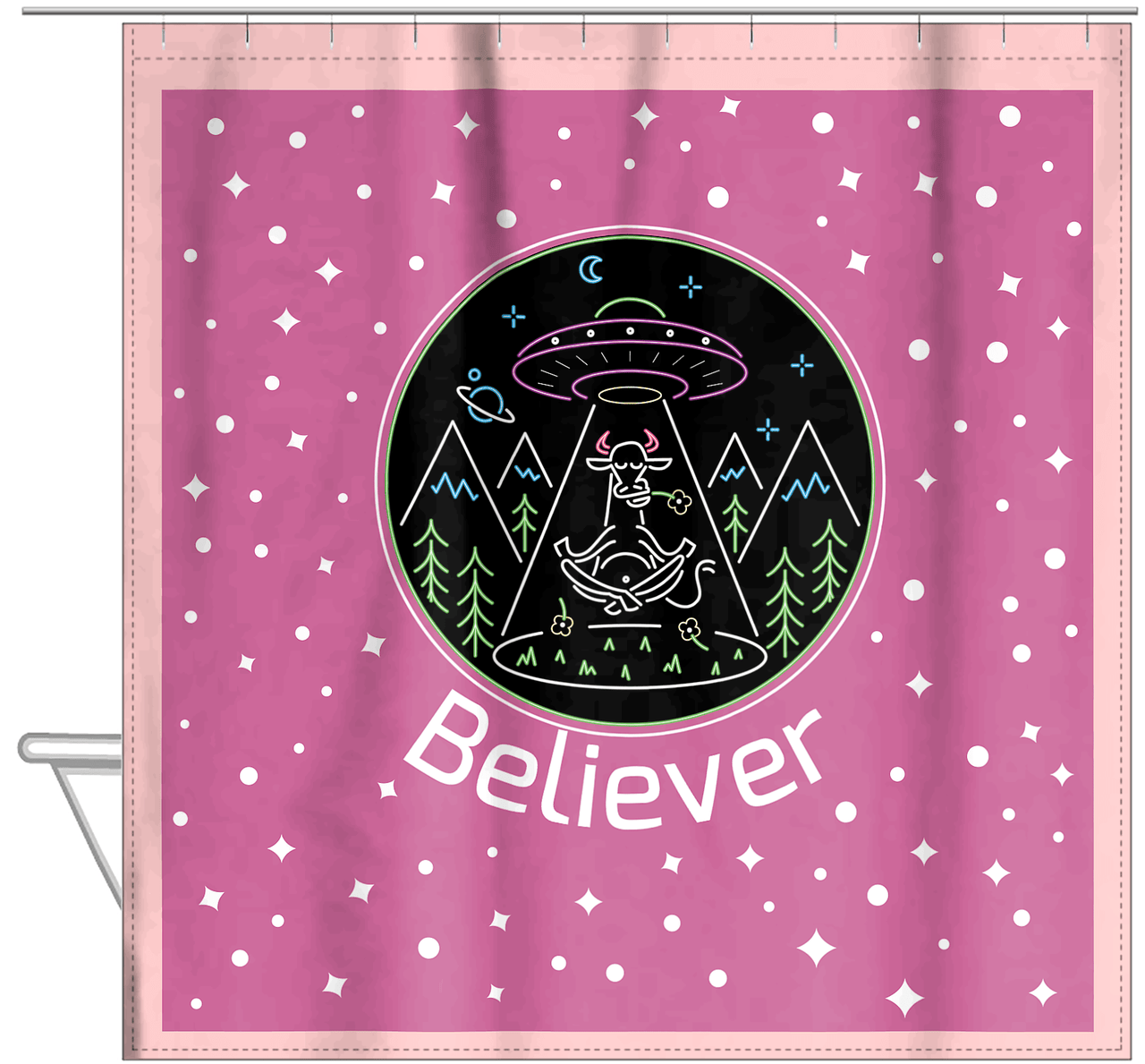 Personalized Aliens / UFO Shower Curtain - Cow - Hanging View