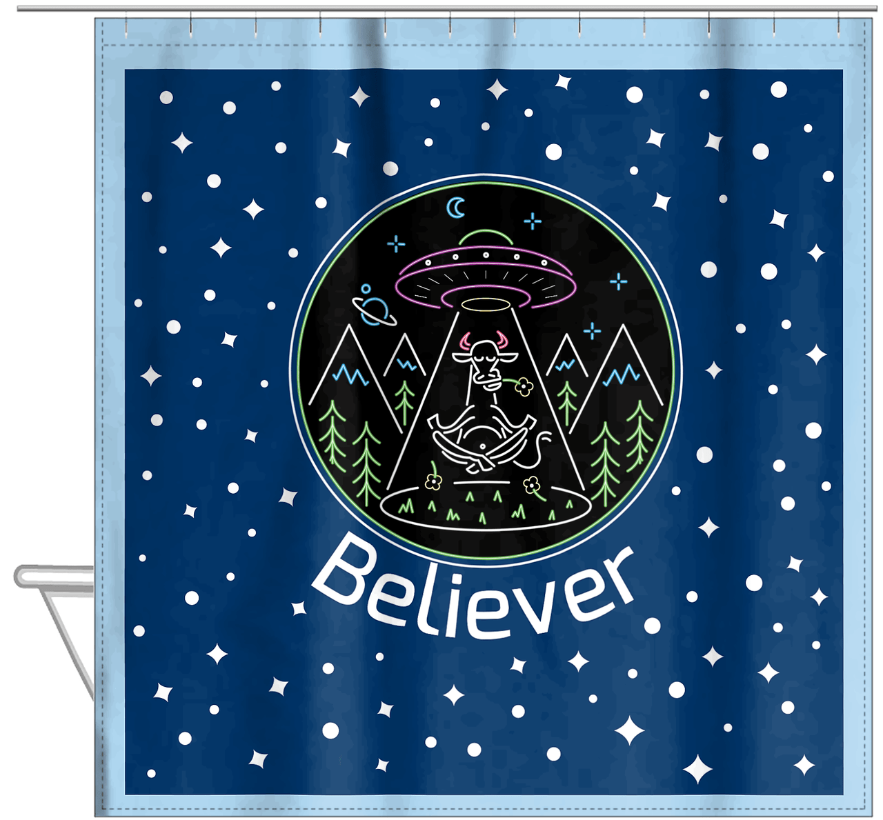 Personalized Aliens / UFO Shower Curtain - Cow - Hanging View