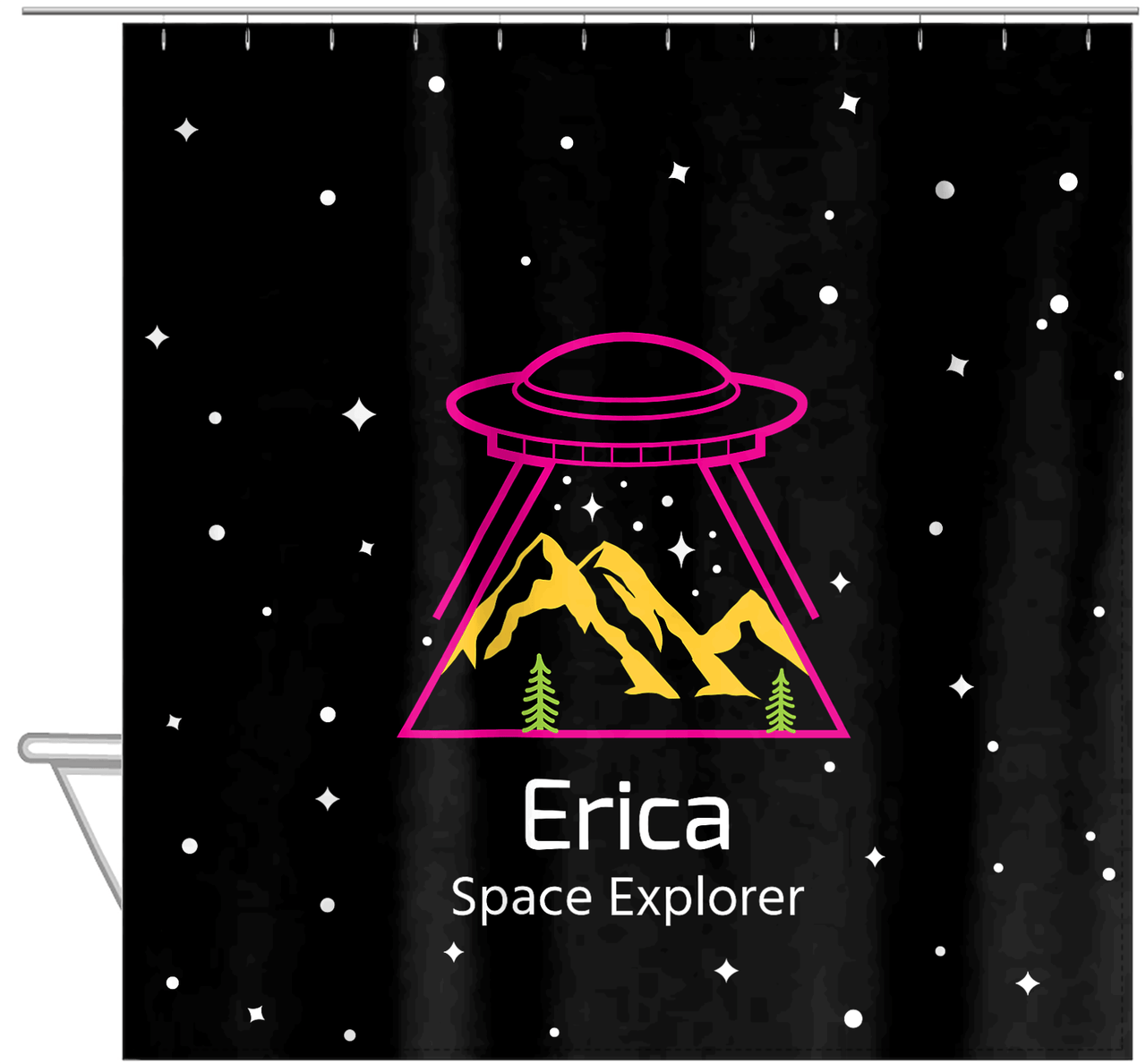 Personalized Aliens / UFO Shower Curtain - Mountains - Hanging View