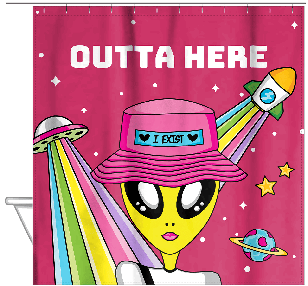 Personalized Aliens / UFO Shower Curtain - Outta Here - Hanging View