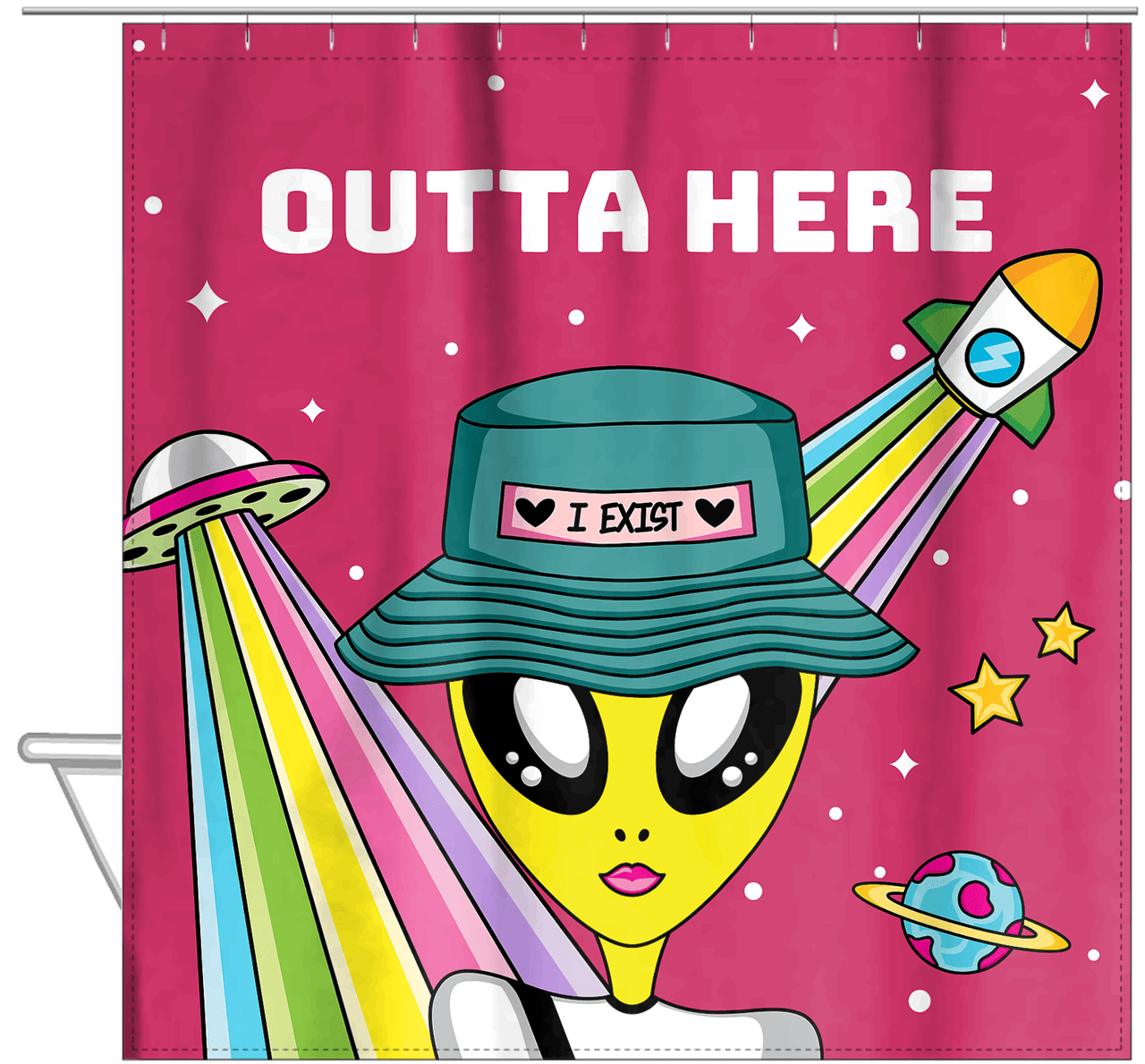Personalized Aliens / UFO Shower Curtain - Outta Here - Hanging View