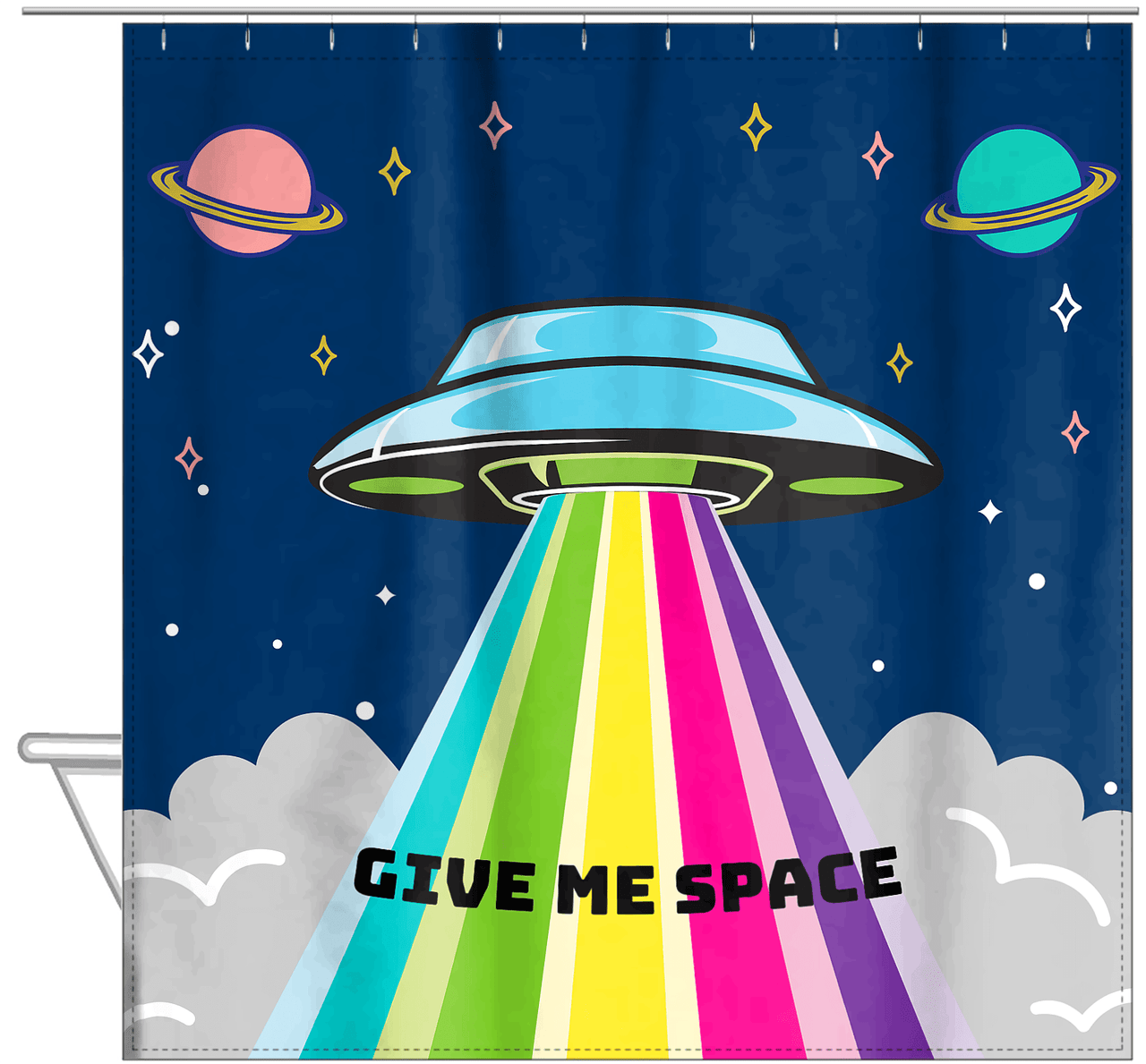 Personalized Aliens / UFO Shower Curtain - Give Me Space - Hanging View