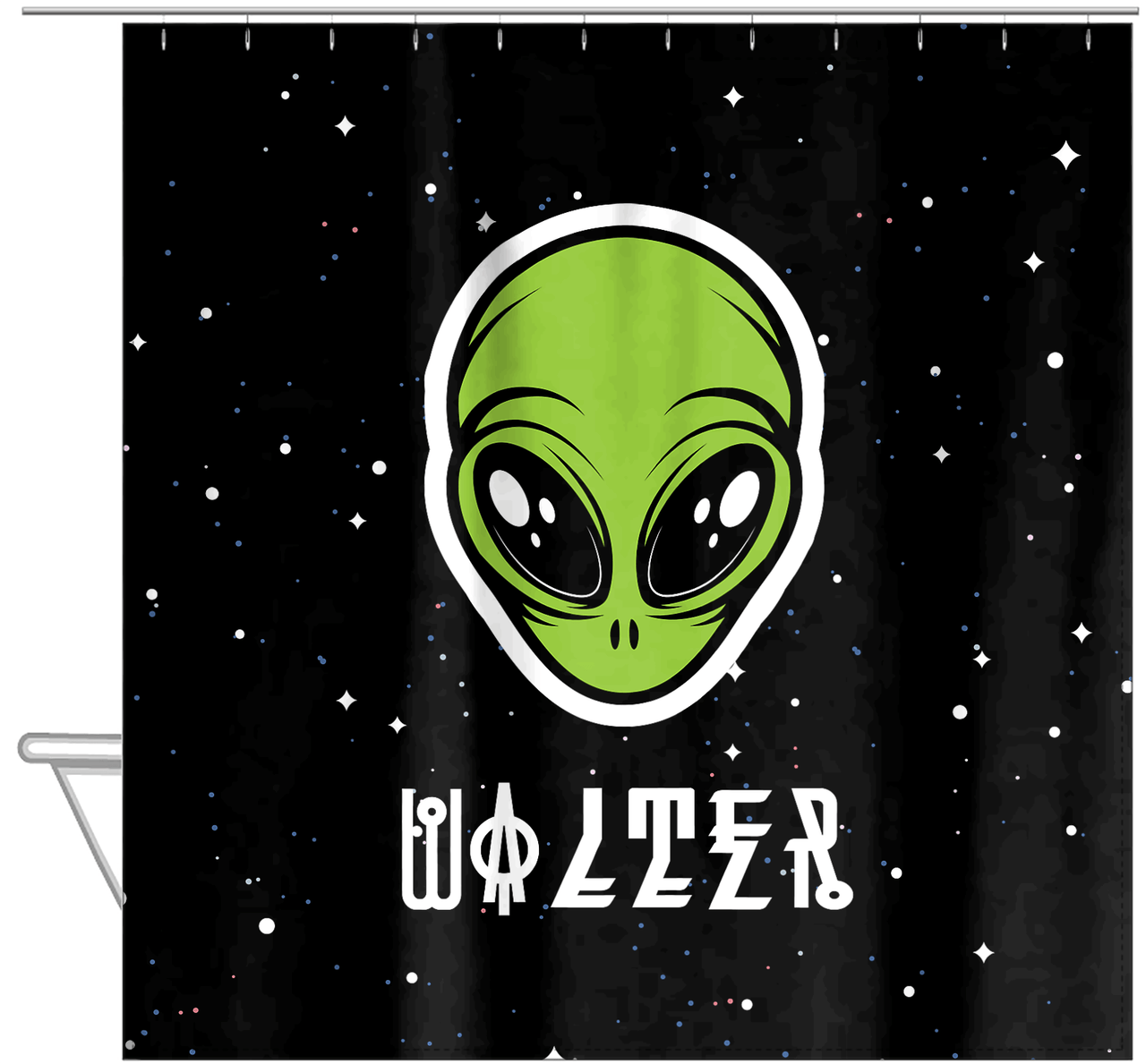 Personalized Aliens / UFO Shower Curtain - Black Background - Hanging View