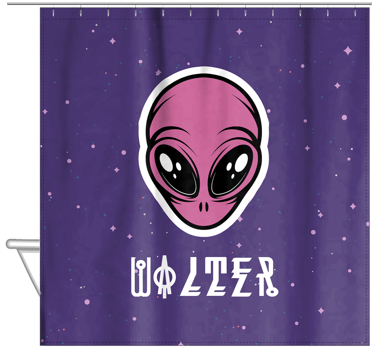 Personalized Aliens / UFO Shower Curtain - Purple Background - Hanging View