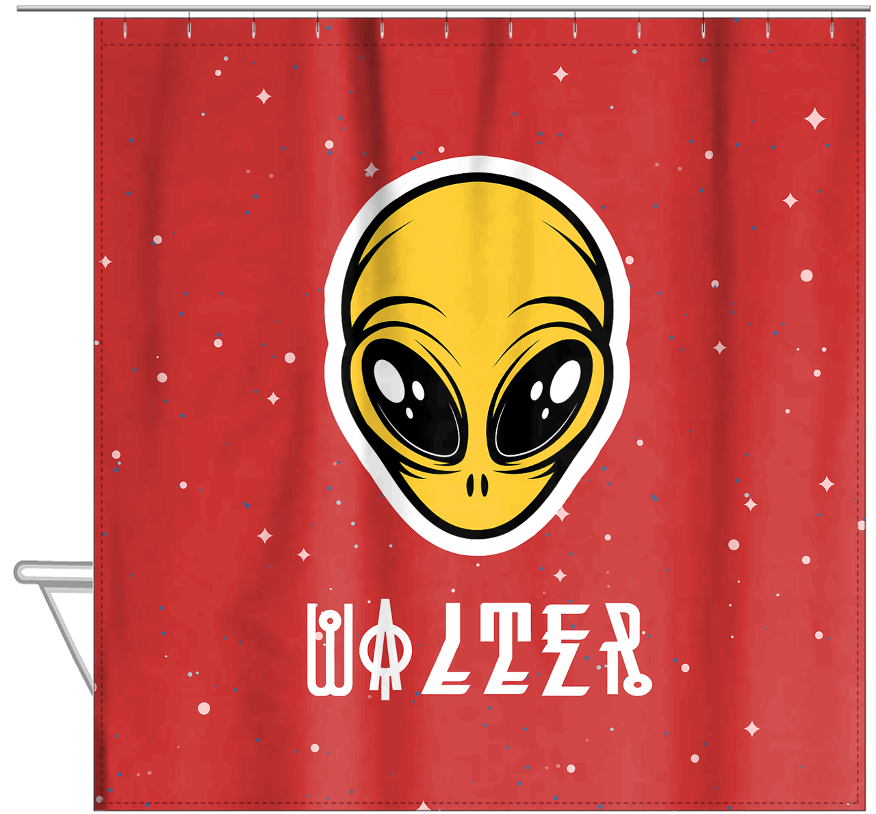 Personalized Aliens / UFO Shower Curtain - Red Background - Hanging View