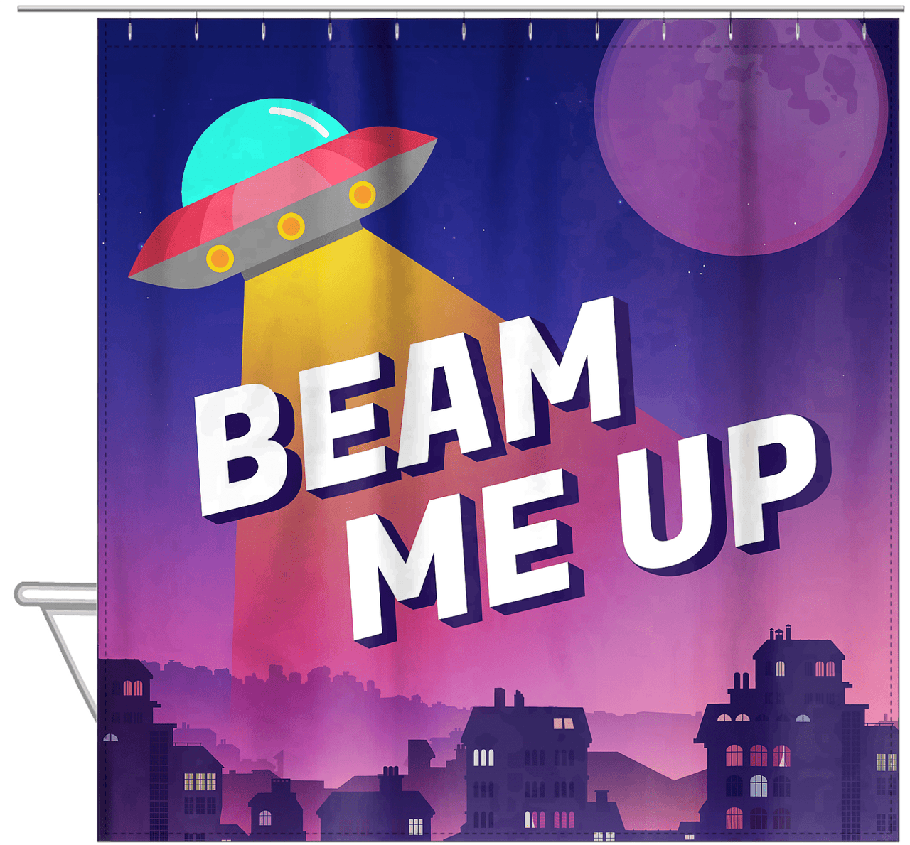 Aliens / UFO Shower Curtain - Beam Me Up - Hanging View