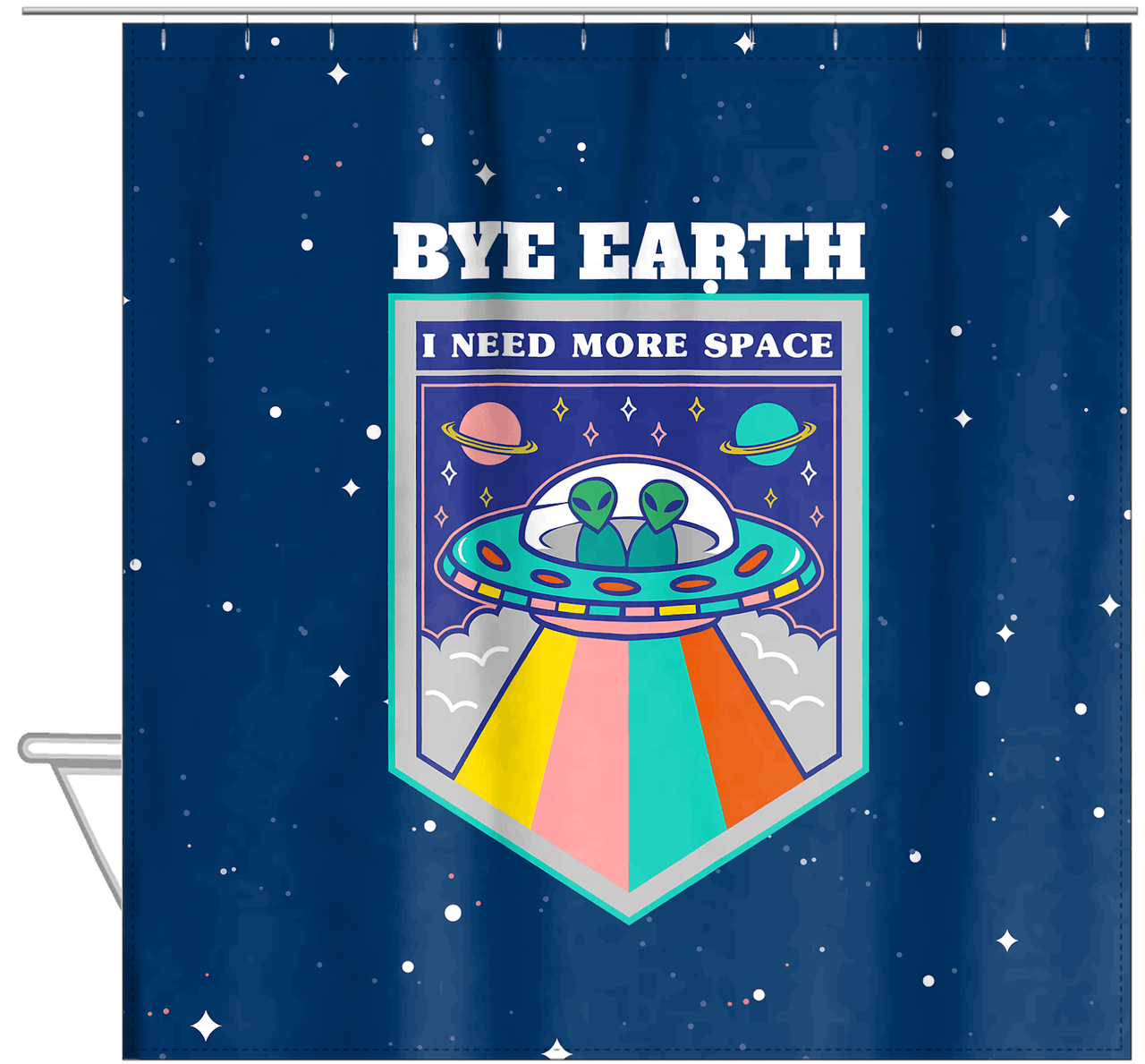 Aliens / UFO Shower Curtain - Bye Earth - Hanging View