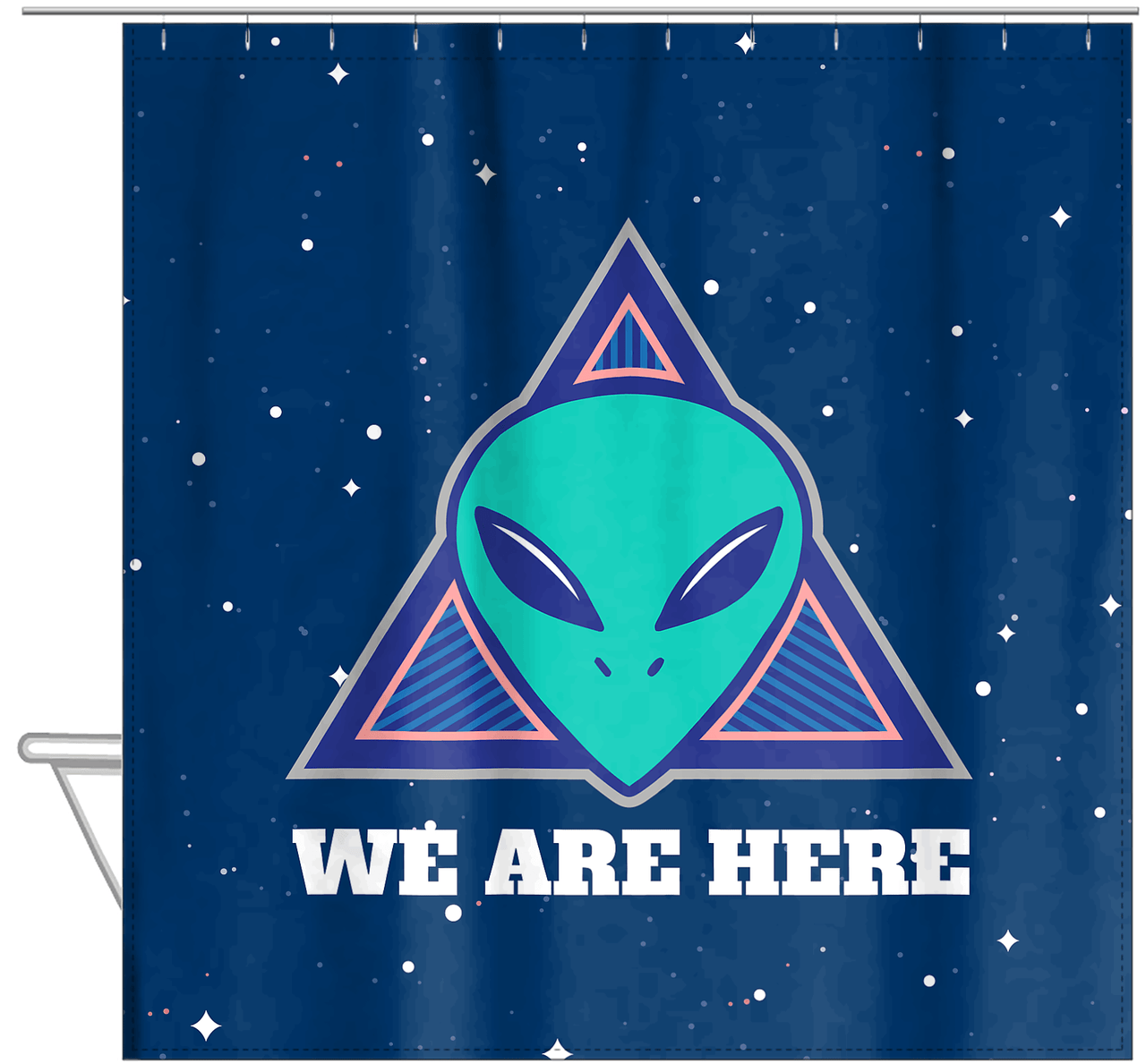 Aliens / UFO Shower Curtain - We Are Here - Hanging View