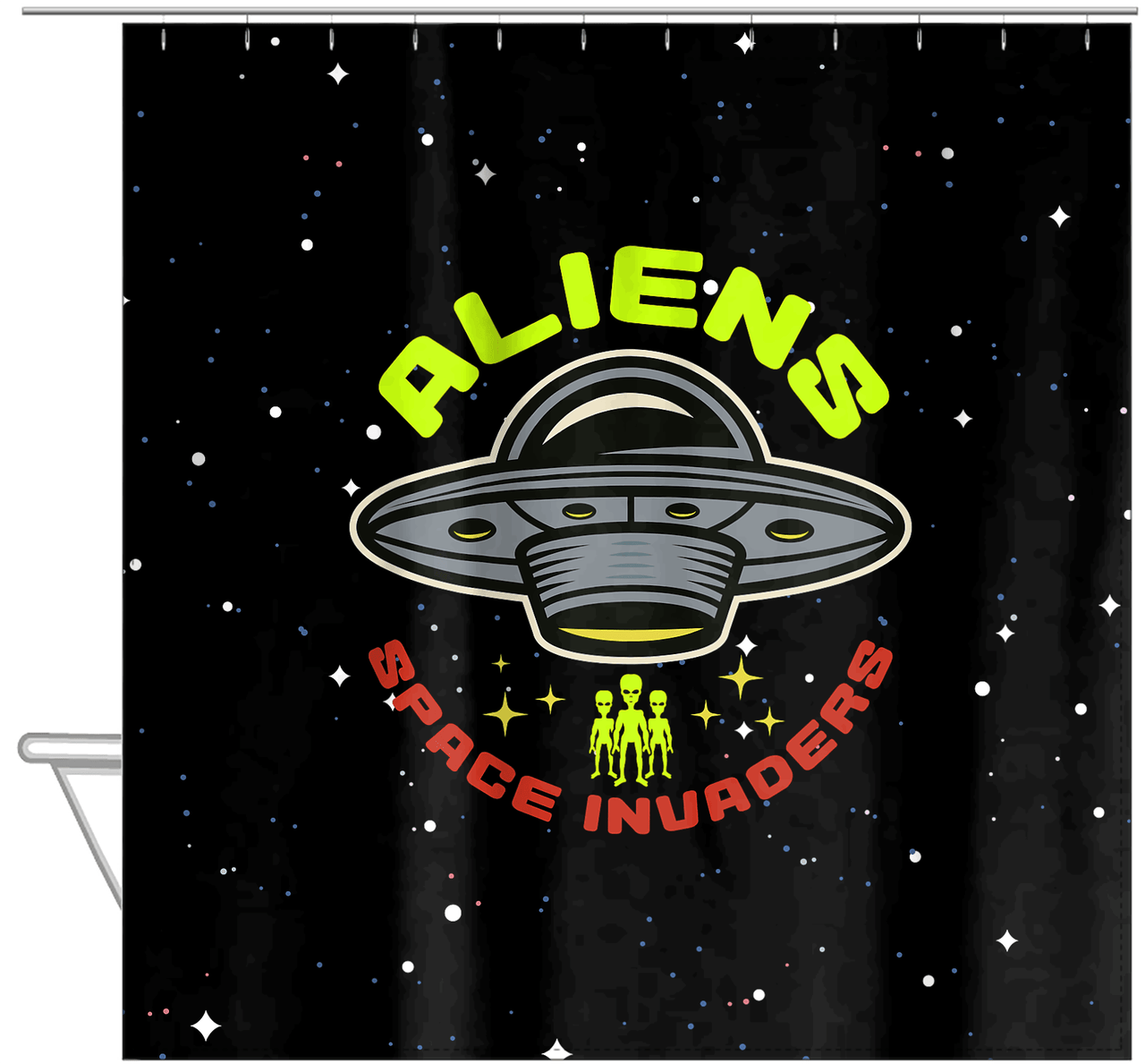 Aliens / UFO Shower Curtain - Space Invaders - Hanging View