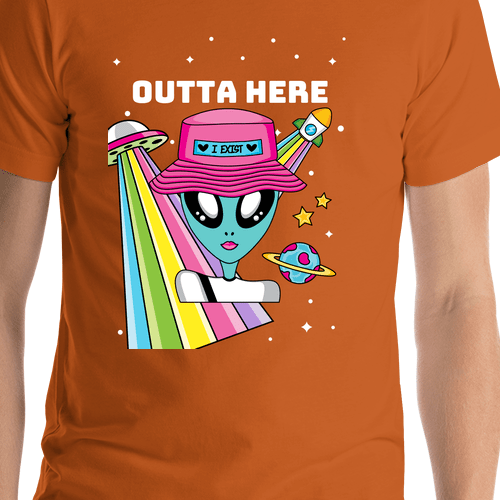 Personalized Aliens / UFO T-Shirt - Orange - Outta Here - Shirt Close-Up View