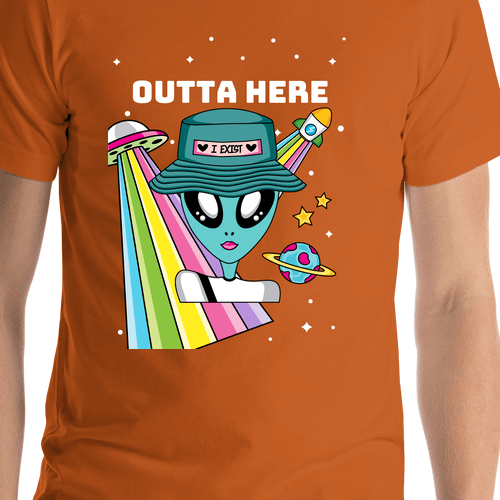 Personalized Aliens / UFO T-Shirt - Orange - Outta Here - Shirt Close-Up View
