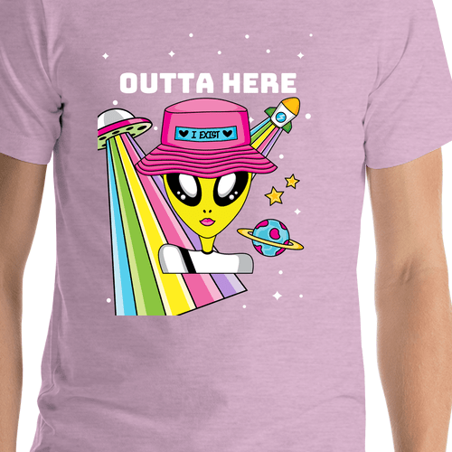 Personalized Aliens / UFO T-Shirt - Lilac - Outta Here - Shirt Close-Up View