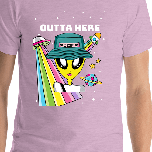 Personalized Aliens / UFO T-Shirt - Lilac - Outta Here - Shirt Close-Up View