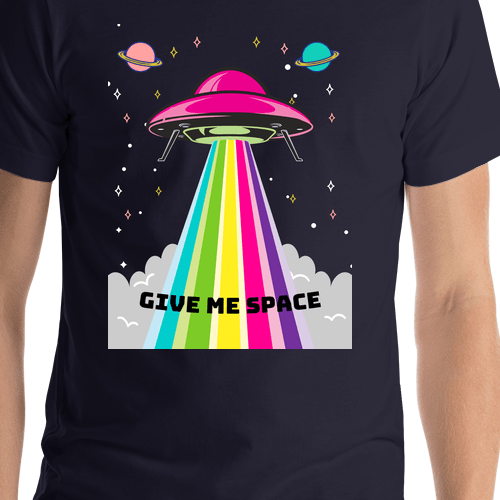 Personalized Aliens / UFO T-Shirt - Navy - Give Me Space - Shirt Close-Up View