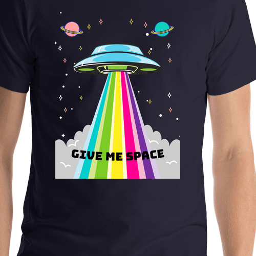 Personalized Aliens / UFO T-Shirt - Navy - Give Me Space - Shirt Close-Up View