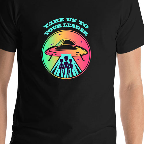 Aliens / UFO T-Shirt - Black - Take Us To Your Leader - Shirt Close-Up View