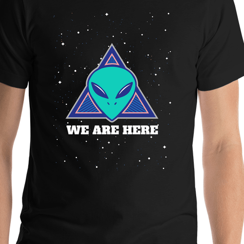 Aliens / UFO T-Shirt - Black - We Are Here - Shirt Close-Up View