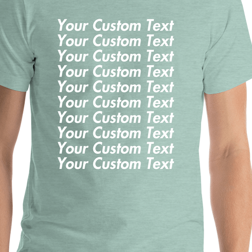 Personalized All Over Text T-Shirt - Heather Prism Dusty Blue - Your Custom Text - Shirt Close-Up View
