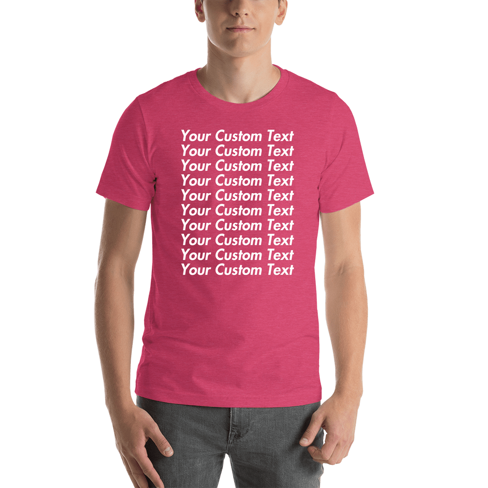 Personalized All Over Text T-Shirt - Heather Raspberry - Your Custom Text - Shirt View