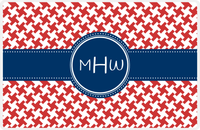 Thumbnail for Personalized Alternate Houndstooth Placemat - Cherry Red and White - Navy Circle Frame with Ribbon -  View