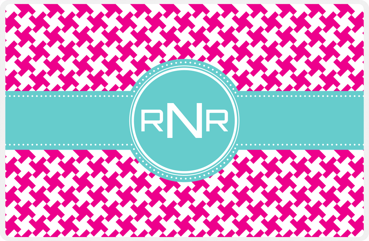 Personalized Alternate Houndstooth Placemat - Hot Pink and White - Viking Blue Circle Frame with Ribbon -  View