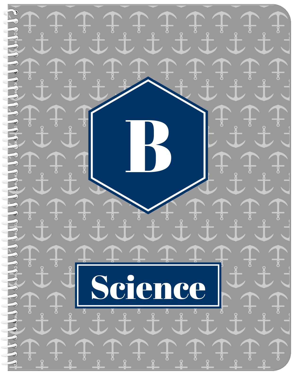 Personalized Anchors Notebook - Grey and Navy - Hexagon Nameplate - Front View