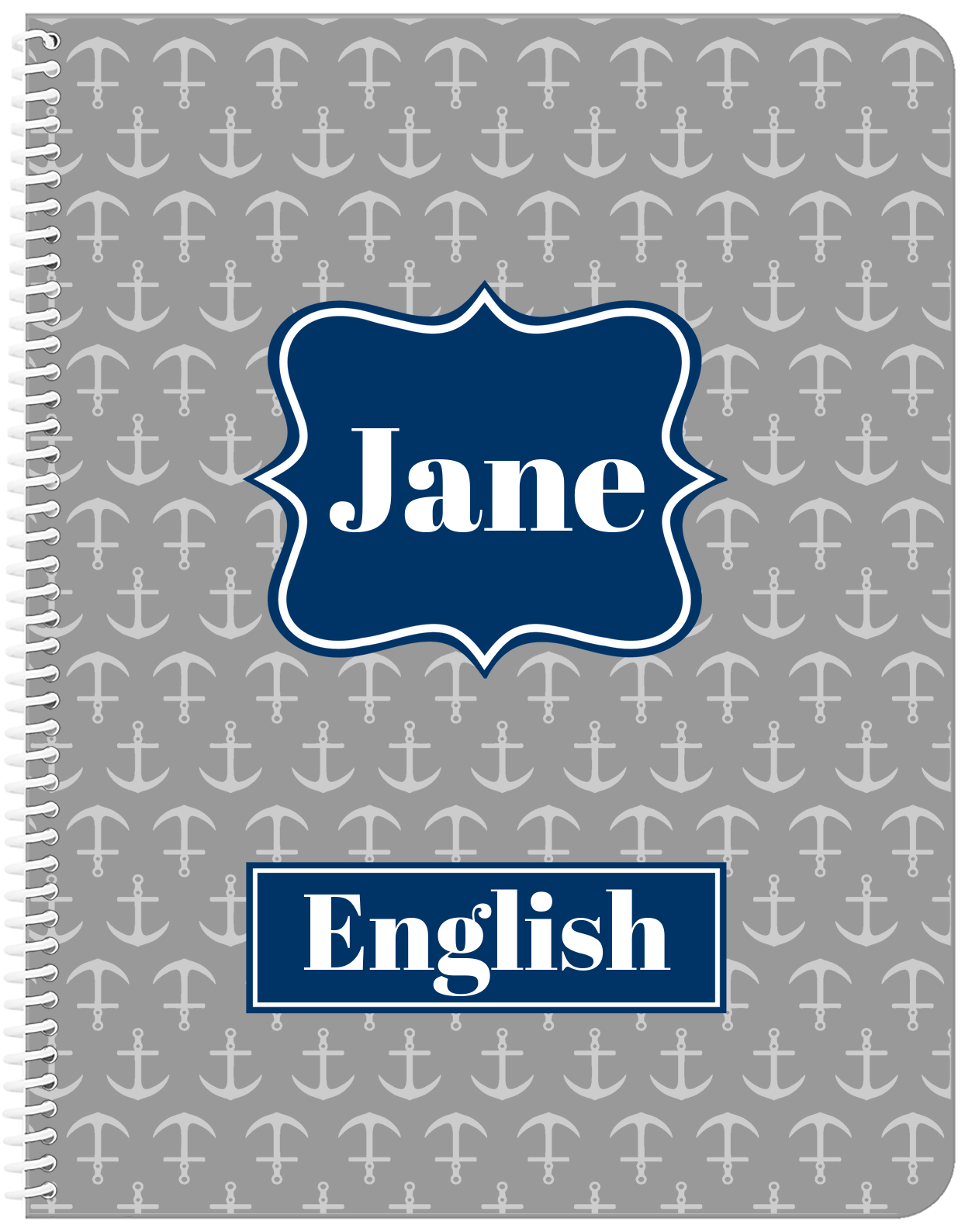 Personalized Anchors Notebook - Grey and Navy - Fancy Nameplate - Front View