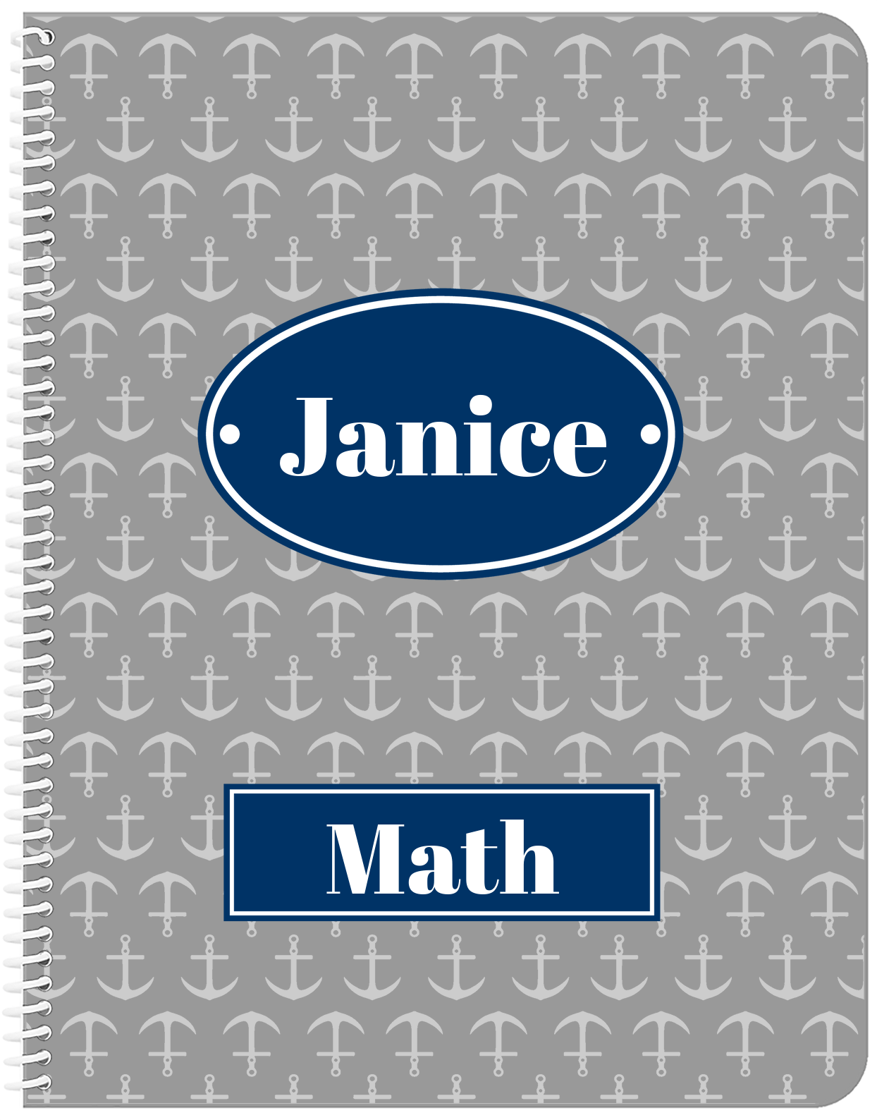 Personalized Anchors Notebook - Grey and Navy - Oval Nameplate - Front View