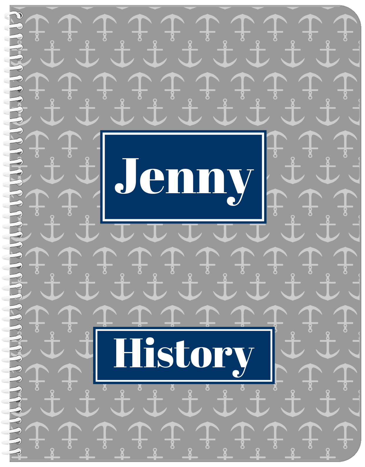 Personalized Anchors Notebook - Grey and Navy - Rectangle Nameplate - Front View