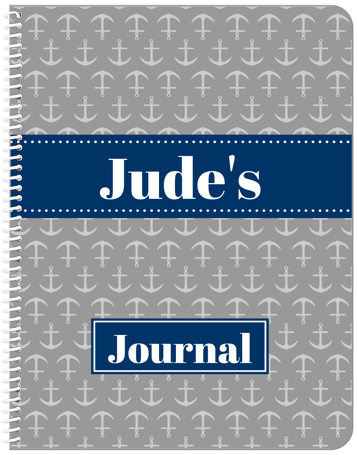 Personalized Anchors Notebook - Grey and Navy - Ribbon Nameplate - Front View
