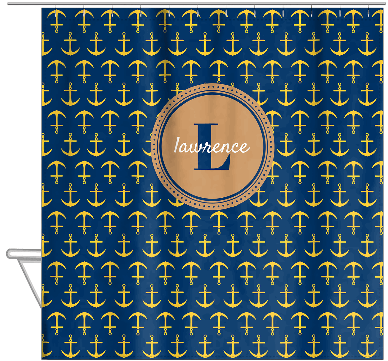 Personalized Anchors Shower Curtain - Navy and Gold - Circle Nameplate - Hanging View