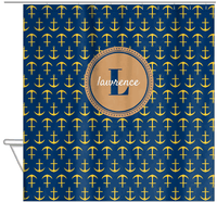Thumbnail for Personalized Anchors Shower Curtain - Navy and Gold - Circle Nameplate - Hanging View