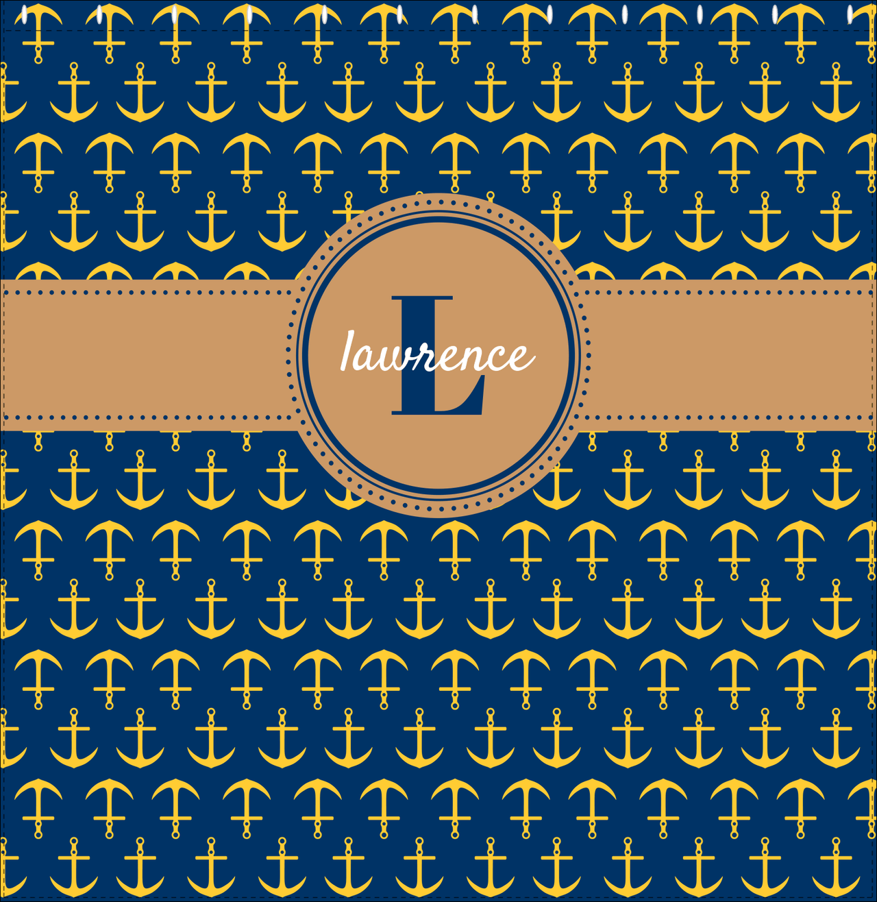 Personalized Anchors Shower Curtain - Navy and Gold - Circle Ribbon Nameplate - Decorate View