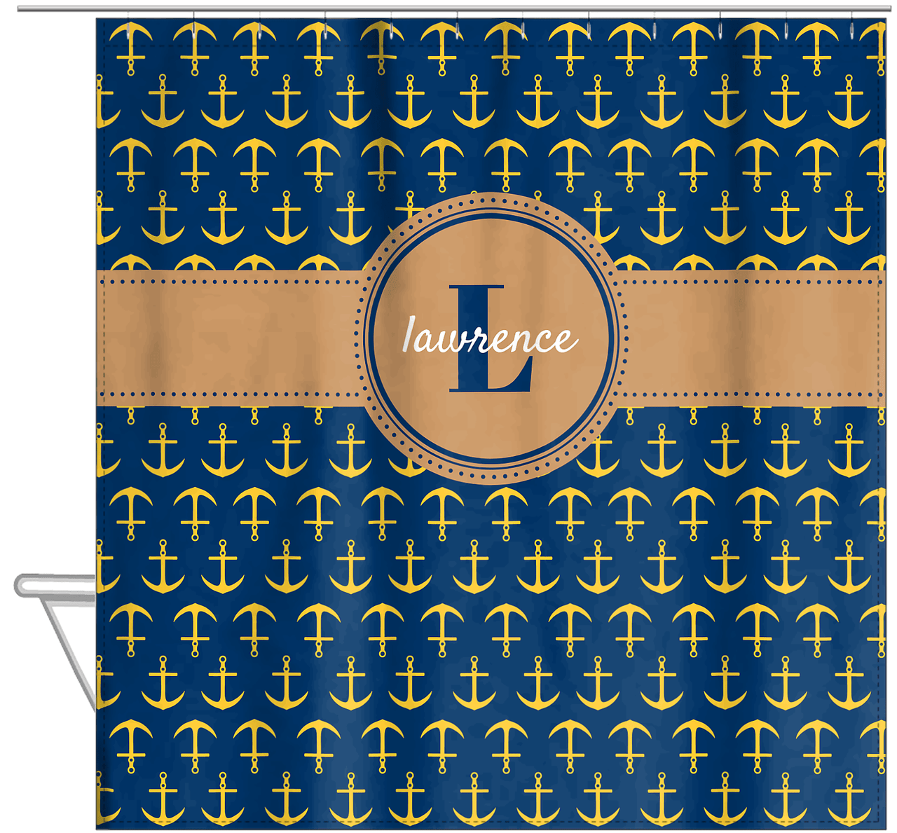 Personalized Anchors Shower Curtain - Navy and Gold - Circle Ribbon Nameplate - Hanging View